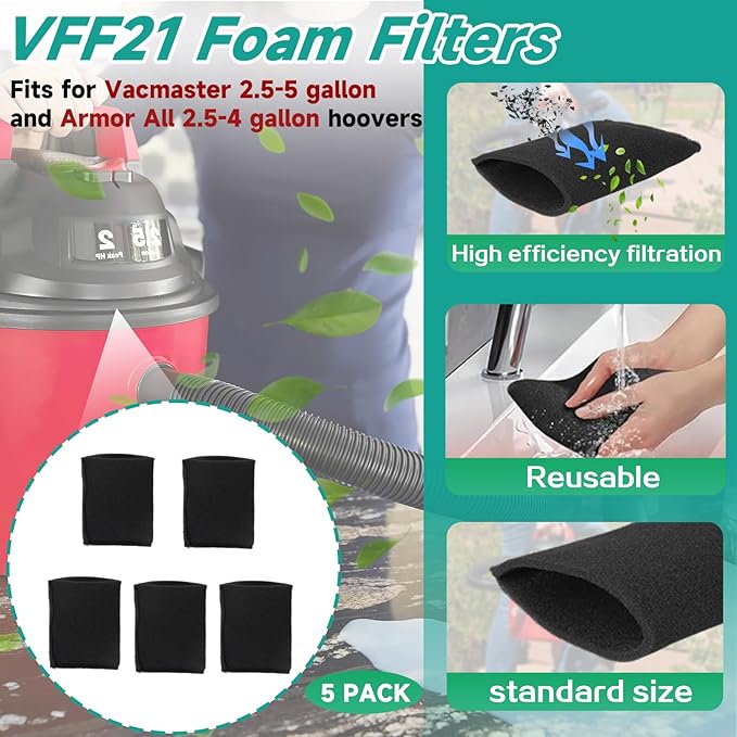5 Pack VFF21 Foam Filters Fit for Vacmaster 2.5-5 Gallon Wet/Dry Vacs & Armor All 2.5 Gallon Vacs AA255, AA256, VOM205P 0901, 4 Gallon Vac VO408S 0901 - Replacement Filters