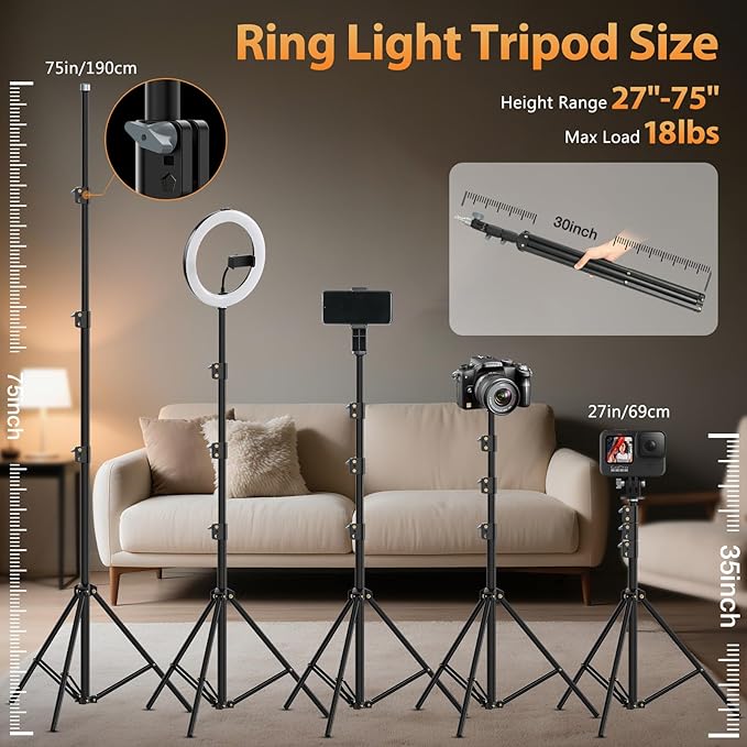 22'' Ring Light with 75'' Tripod Stand, LED Display/2 USB Ports/6500K Dimmable Ring Light for ipad Phone Holder for Tattoo Lash Live Makeup Video Recording TikTok Barber Stylist Photography
