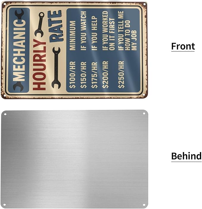 Funny Mechanic Hourly Rate Tin Sign - Vintage Metal Wall Decor for Garage, Auto Shop, or Man Cave - Hilarious Gift for Mechanics & Car Lovers 8"x12"