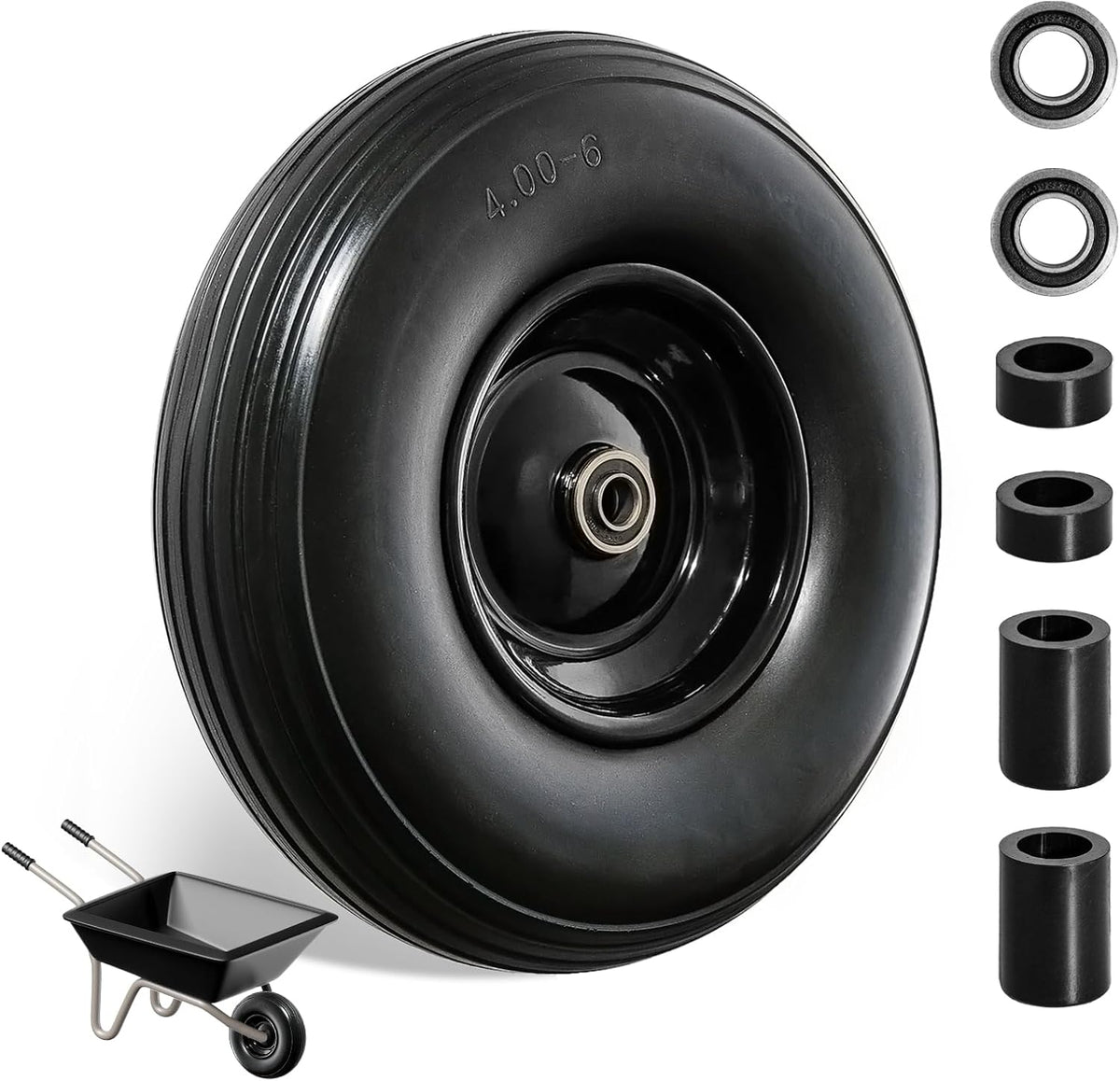Wheelbarrow Wheel 13 Inch Flat Free 4.00-6 Solid Tire, Replacement Heavy Duty, with 5/8" and 3/4" Bearings 1.75" Center Hub, fits Garden Cart, Dolly, Hand Truck, Trailer, Utility Wagon, 1 Pcs