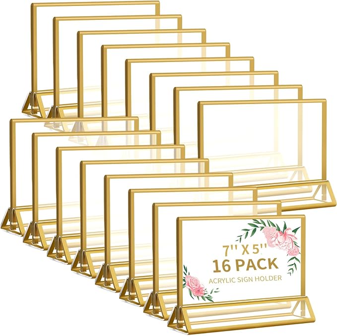 Smarpau 7x5 Gold Acrylic Sign Holder, 16 Pack Wedding Table Number Holders with Horizontal Stand, Double Sided Photo Picture Frames Stands, Flyer Stand, Paper Display Stand for Cafe, Restaurant
