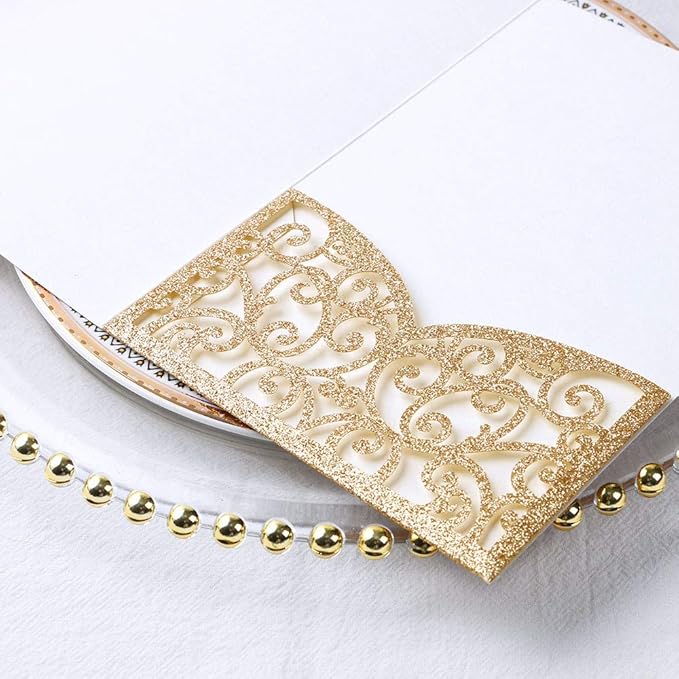 ponatia 5.12 x 7.2 Laser Cut Invitation Pocket, 20PCS Tri-Fold 5 x 7 Laser Cut Wedding Invitation Pockets with Envelopes for Wedding Bbay Shower Birthday Invite (Gold Glitter, No Inner Sheet)