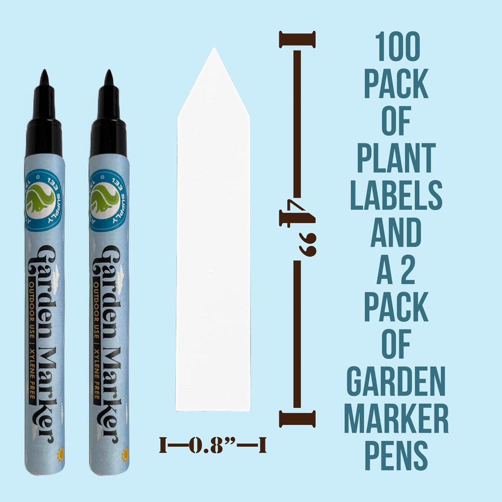 -100 Pack 4" Plastic Plant Labels for Seedlings with 2 Pack of Garden Marker Pens (Garden Markers Fade Resistant Plant Markers Outdoor Waterproof Pen Black Permanent Markers Plant Tags)