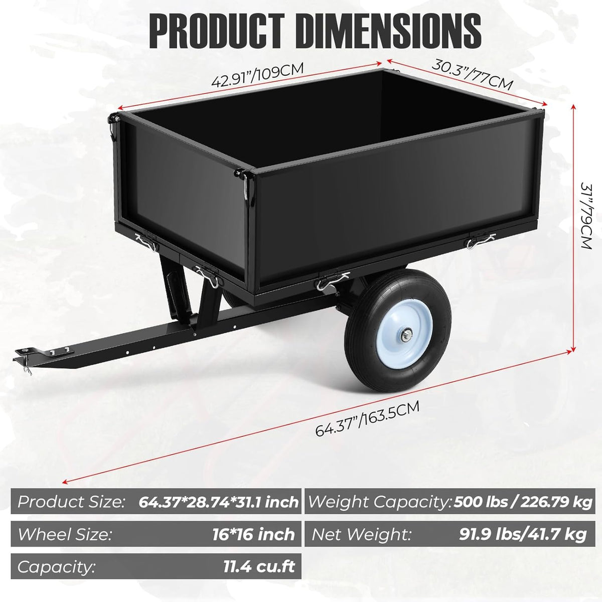 Heavy Duty Steel Dump Trailer, 500 LBS/11.4 Cu.Ft Capacity Garden Dump Cart for Lawn Mower, Utility Trailer with Removeable Rear Panel, Designed for Tractor, ATV, UTV, Black