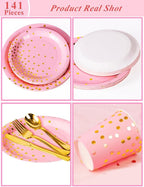 141 Pieces Pink and Gold Party Supplies, Party Dinnerware Sets Include Paper Plates Napkins Cups Silverware, for Wedding Bridal Shower Engagement Birthday Parties Decoration -20 Serves