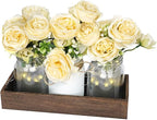 Champagne Floral Mason Jars for Centerpieces – Rustic Table Centerpiece Decorations with Lights & Tray – Wedding Centerpieces for Tables, Dining Room, Party or Reception Decor Kitchen Counter