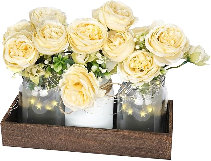 Champagne Floral Mason Jars for Centerpieces – Rustic Table Centerpiece Decorations with Lights & Tray – Wedding Centerpieces for Tables, Dining Room, Party or Reception Decor Kitchen Counter