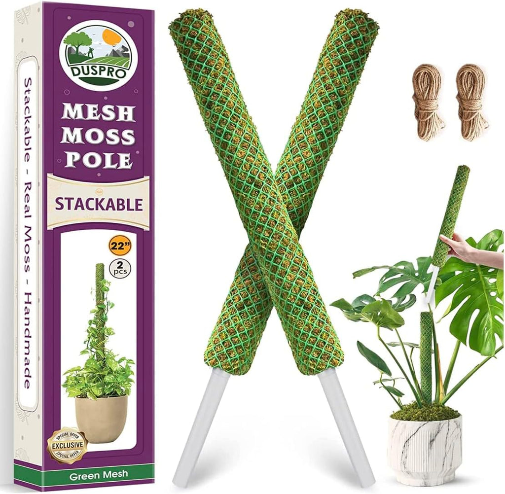 DUSPRO Green Stackable Mesh Moss Pole for Plants Climbing Vine Supporting Monstera Trellis, for Indoor Plants Extendable Plant Pole Moss Sticks, for Plants Monstera Potted Plant Stakes 2 pcs 22''