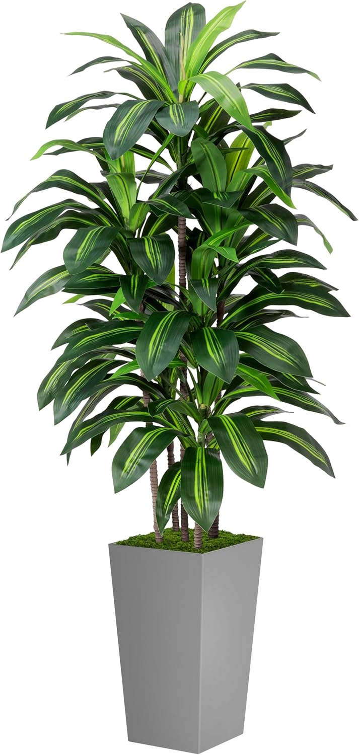 Artificial Dracaena Plant Indoor 5FT - Fake Tree with Gray Tall Planter - Faux Yucca Tree Tall Fake Floor Plant in Pot - Artificial Trees for Home Office Indoor
