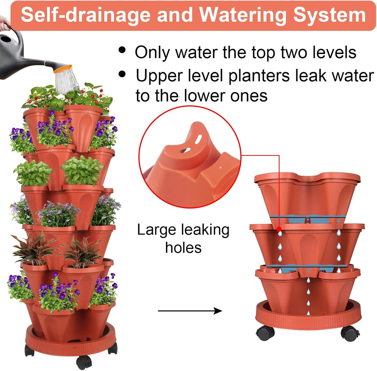 Vertical Planter 6 Tier Stackable Planters Garden Planters Strawberry Herb Flower and Vegetable Planter Indoor Outdoor Gardening Pots with Removable Wheels and Tools