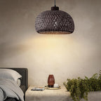 Black Bamboo Pendant Light, 11.8inch Hand-Woven Natural Wicker Rattan Farmhouse Lamp, Boho Hanging Chandelier, Rustic Kitchen Island Ceiling Pendant Light for Living Room, Dining, Foyer
