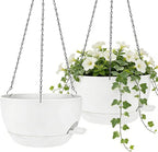 2 Pack 10 Inch Self Watering Hanging Planters for Indoor Plants, Large White Plastic Hanging Pots with Chains for Outdoor Patio Garden Home Decor (White)