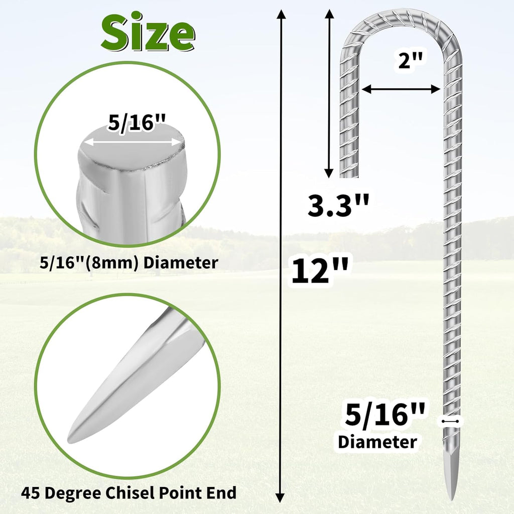 12 Inch Ground Stakes Heavy Duty J Hook 60-Pack Metal Spikes Galvanized Ground Hooks Anchors Rebar Ground Stakes for Fence Tent Gazbo Bounce House and Outdoor Decorations Inflatables