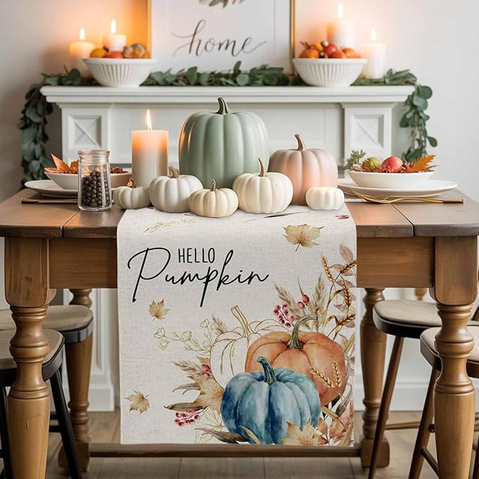 Fall Thanksgiving Cotton Linen Table Runner for Dining Kitchen, Orange Pumpkins Outdoor Party Autumn Tablerunners Decoration Rustic Wheat Leaves Dresser Scarf Coffee Tablecloth Runners 13x108 Inches