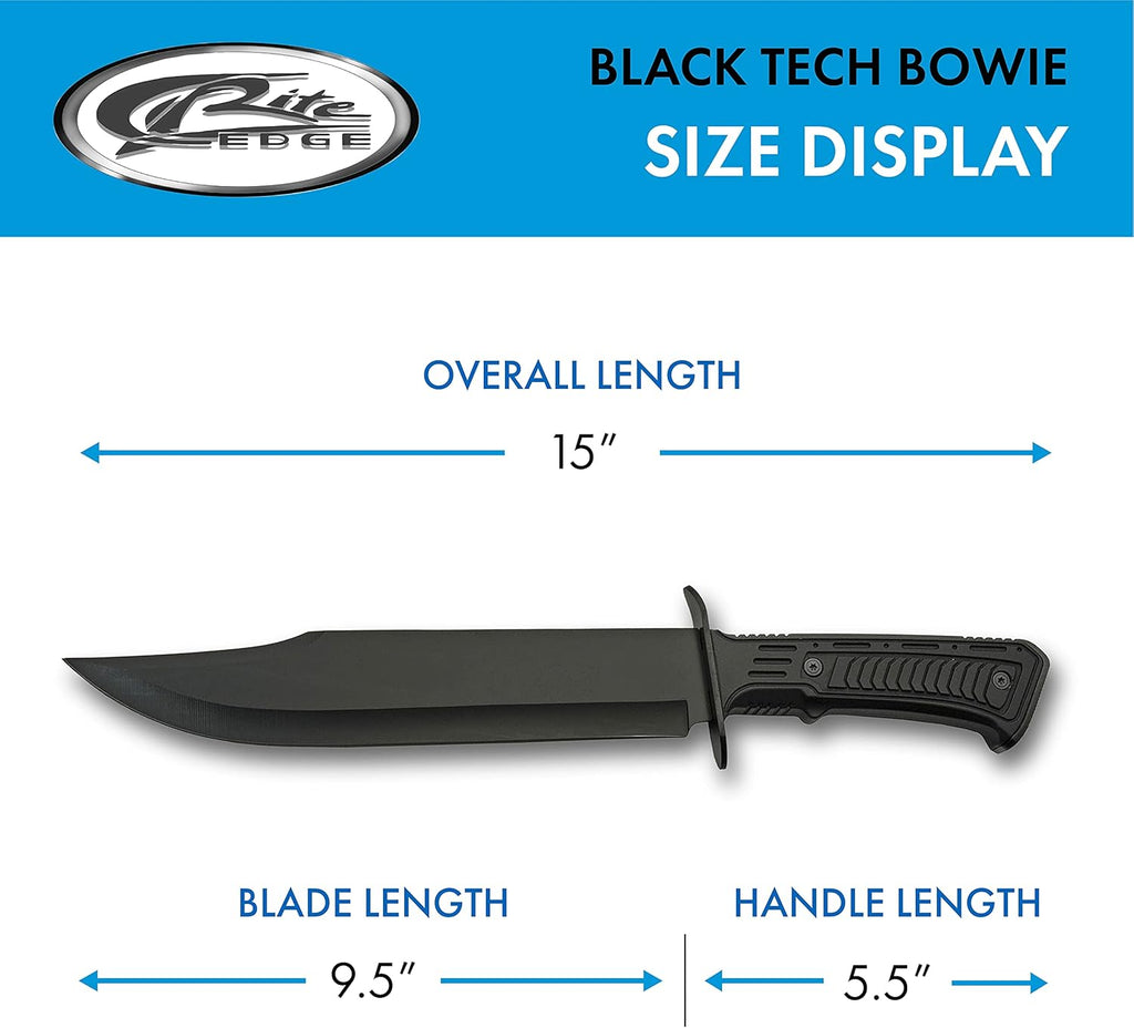 SZCO Full Tang Tactical Bowie Knife 15 Inch - Black Camping Knife with Rubber Handle, Stainless Steel Blade & Sheath - Pocket Knife for Hunting, Camping & Outdoor Uses - Knives for Men