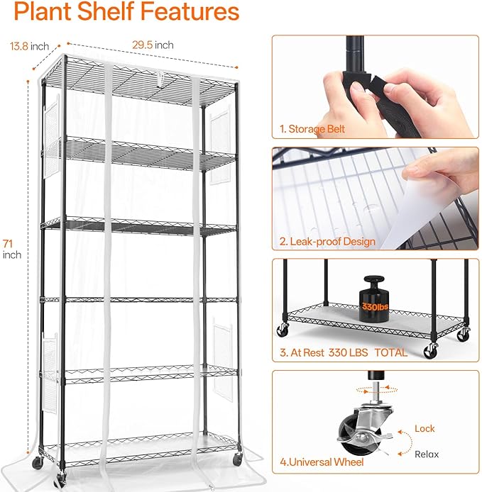 Bstrip Indoor Greenhouse with Grow Light, Mini Green House with 5 Pack T8 Full Spectrum Plant Lights, Plant Shelf with Tent for Indoor Plant, Seed Starting, Seed Tray, 35.4"x13.8"x71"
