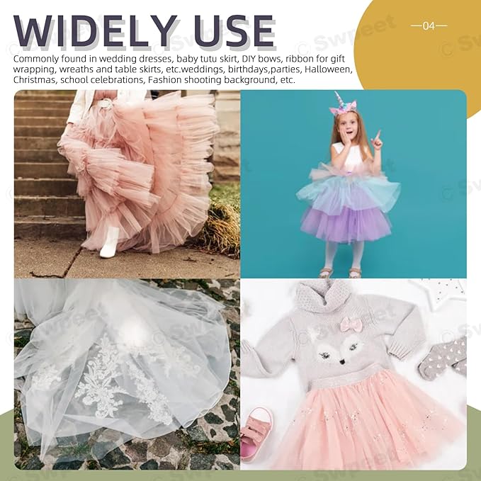Swpeet 6 Inch by 100 Yards White Tulle Fabric Roll, Fabric Spool Tulle Ribbon, Netting Polyester Spool Ideal for DIY Handmade Birthday Party Wedding Decorations Christmas Craft Supplies