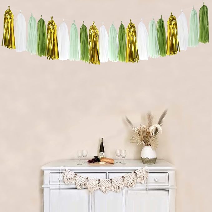 Sage-Olive Green Gold Party-Decorations Tassel-Garland - 20pcs Rustic Wedding Baby Shower Tassels Banner Streamers, Birthday Bachelorette Engagement Bridal Decor Panduola