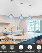 Brushed Nickel Pendant Lights Kitchen Island, Globe Pendant Light Fixtures with 8 Inch Clear Glass Shade, Modern Hanging Light Fixtures for Kitchen, Bedroom (1 Pack - Blue Glass Pendant Light)