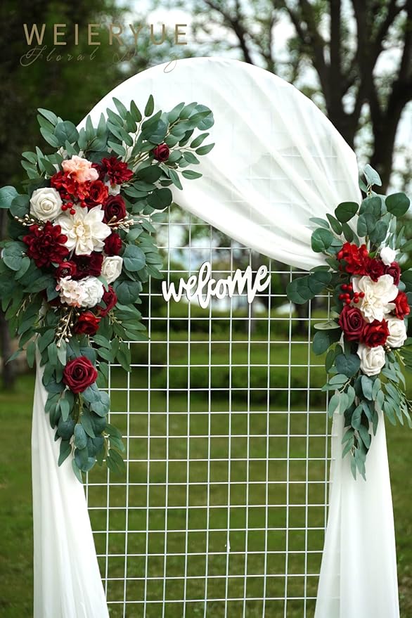 Artificial Wedding Arch Flowers Kit(Pack of 3),2Pcs Artificial Flower Arch Decor,1Pcs Sheer Drape for Wedding Ceremony Arbor for WeddingCeremony (Burgundy Wedding)