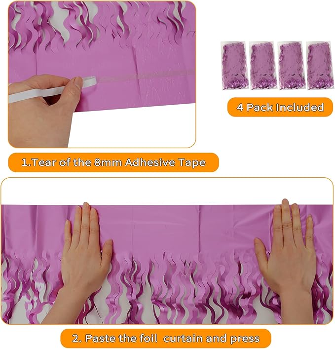 Purple Foil Curtains - 4 Pack 3.3 ft x 6.6 ft Wavy Fringe Curtain Backdrop for Party Photo Booth Props Decoration Mermaid Euphoria Themed | Purple Streamers for Mardi Gras Decorations