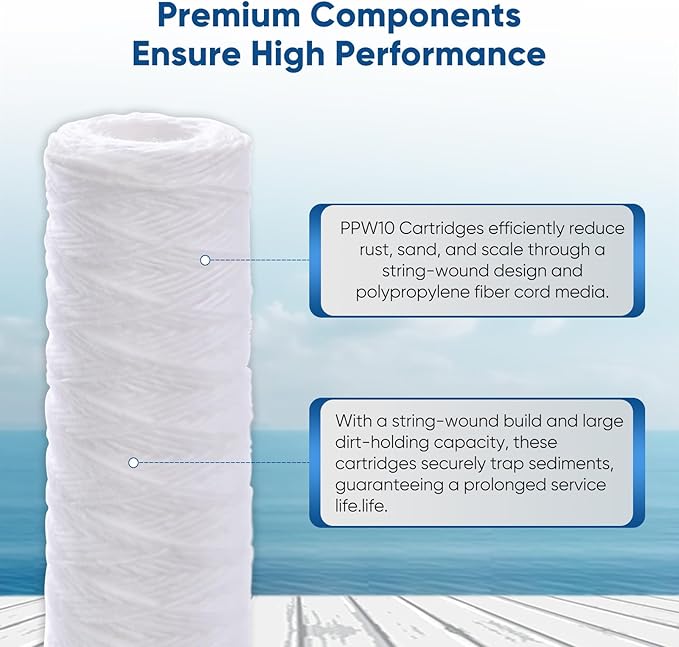 PUREPLUS 20 Micron 10"x2.5" Whole House String Wound Sediment Filter for Well Water, Replacement Cartridge for Universal 10 inch RO System, WP-5, Aqua-Pure AP110, CFS110, Culligan P5,WFPFC4002, 6Pack