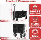 Collapsible Folding Utility Wagon Cart with Wheels, 360 Lbs Heavy Duty Outdoor Foldable Wagon with Adjustable Handle, 2 Drink Holders, Portable Wagon for Groceries, Garden, Beach, Camping, Shopping