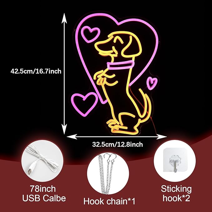 Love Dog Neon Sign USB Powered Pink Love Neon Light for Wall Decor Dimmable LED Cute Puppy Light Up Sign for Pet Shop Bedroom Animal Party Neon Decor Gift for Boys Girls(16.7 * 12.8In)