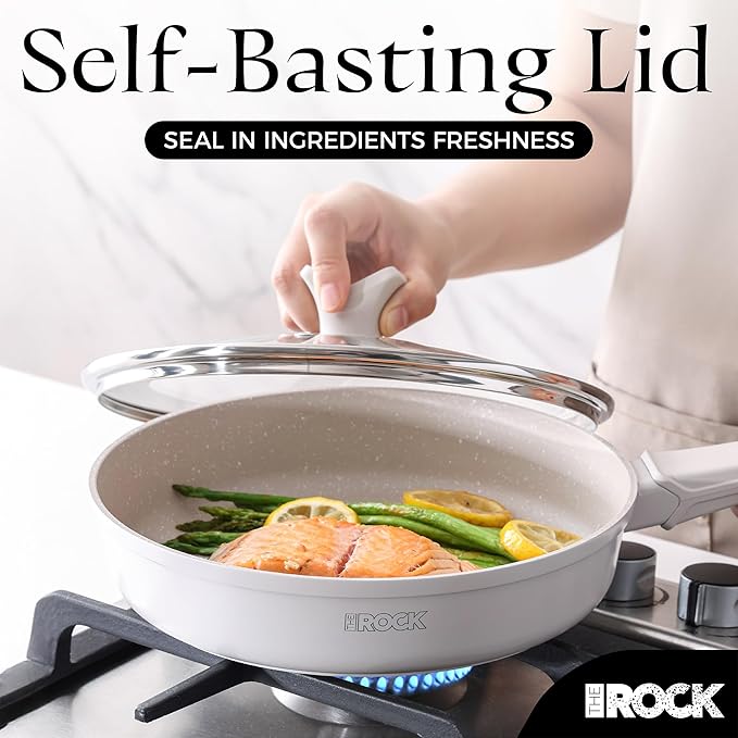 THE ROCK SOHO 11-Inch Non Stick Frying Pan with Lid–Nothing Sticks, Never Warps, Lasts Longer, Ceramic Non Toxic Skillet with Heat-Resistant Handle, PTFE PFOA&PFAS Free, Oven & Dishwasher Safe, Cream