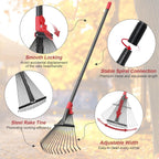 Garden Rake for Leaves: 55 Inch Adjustable Long Handle 18 Metal Tines with 8-17" Expandable Head Heavy Duty Metal Rake for Lawns Leaves Yard Grass Camping Debris