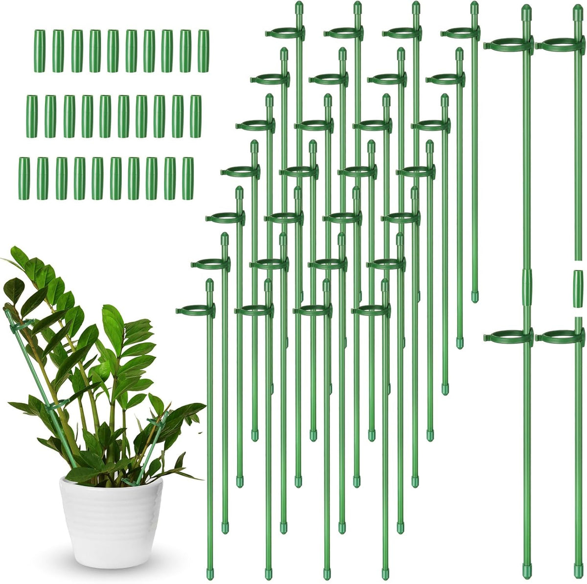 meekoo 60 Pcs Adjustable Garden Plant Support Stakes Single Stem Plant Cage Support Rings with Clips and Connect Pipe for Orchid Rose Tomato, 12 Inch (Green)