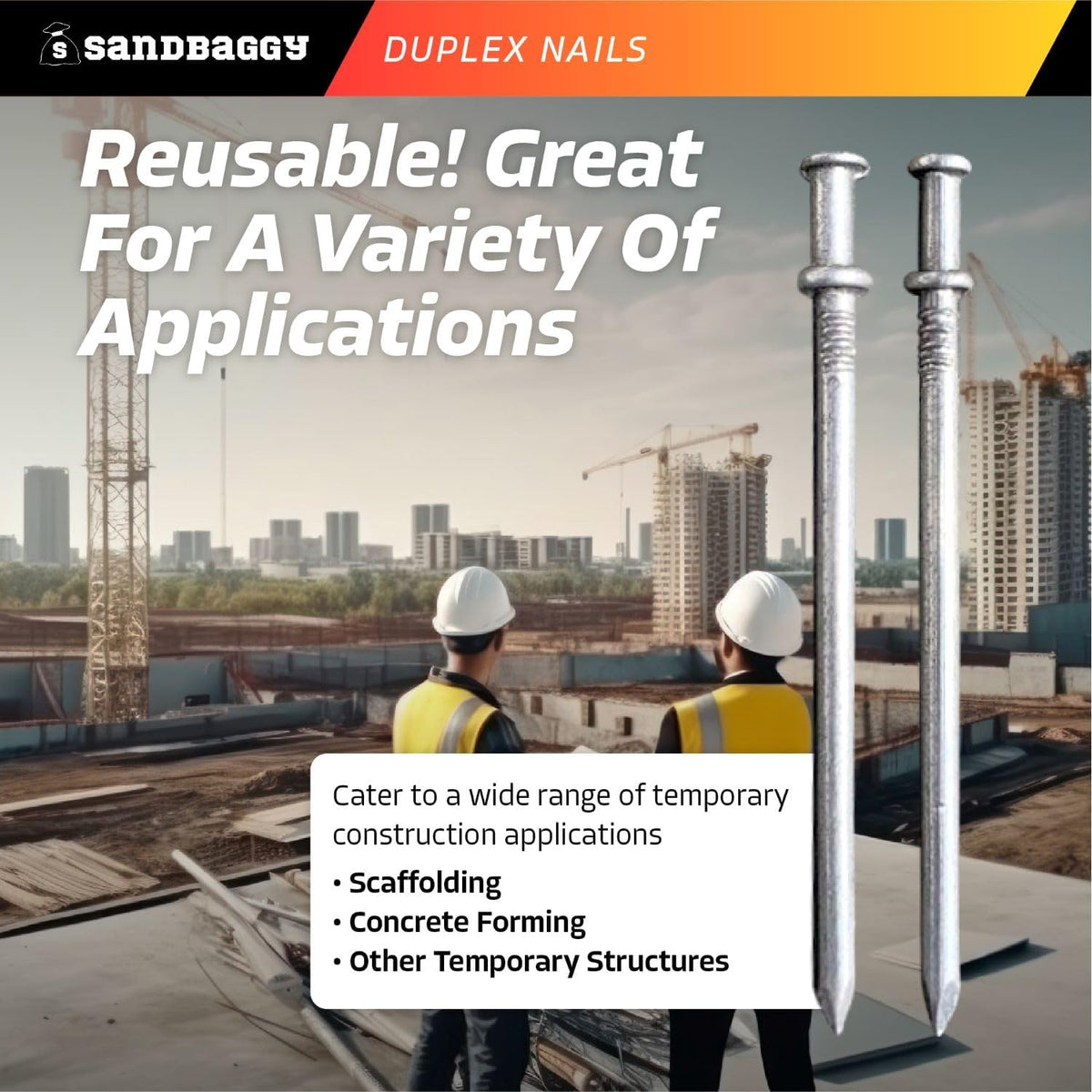 Sandbaggy 16d Duplex Nails (3.5" Long) - Temporary Construction, Concrete Forms, Scaffolding - 8 Gauge Steel - Smooth Shank, Flat Head - Removable/Reusable (20000)