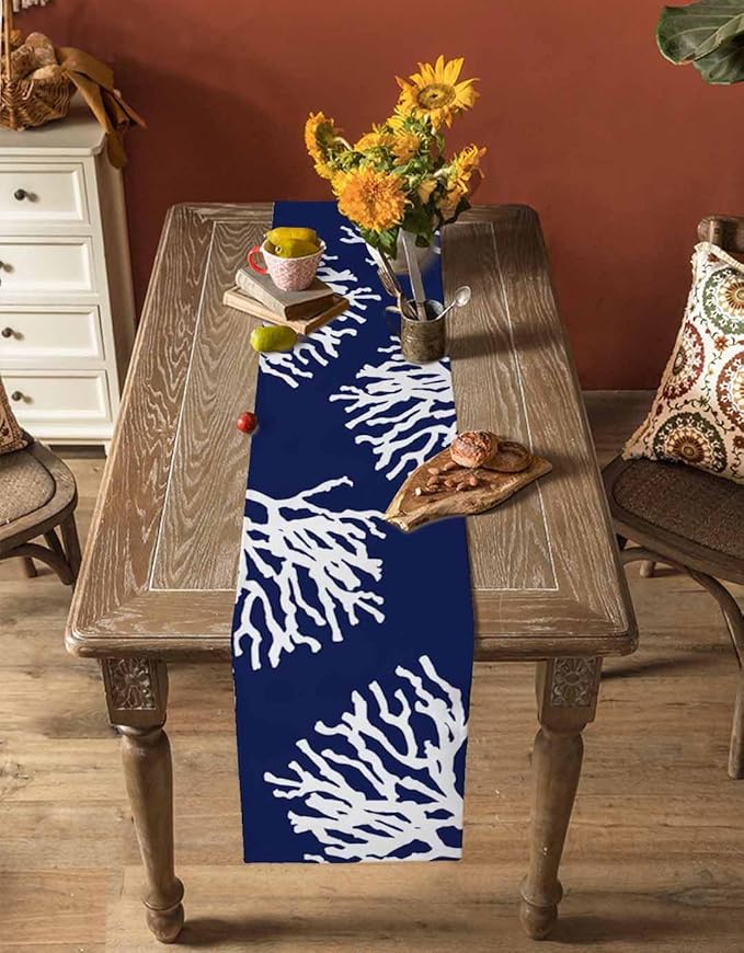 Coastal Coral Cotton Linen Table Runner for Dining Kitchen, Wedding Outdoor Party Tablerunners Decoration, Navy Blue Nautical Ocean Beach Dresser Scarf Coffee Tablecloth Runners 13x90 Inches