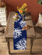 Coastal Coral Cotton Linen Table Runner for Dining Kitchen, Wedding Outdoor Party Tablerunners Decoration, Navy Blue Nautical Ocean Beach Dresser Scarf Coffee Tablecloth Runners 13x120 Inches