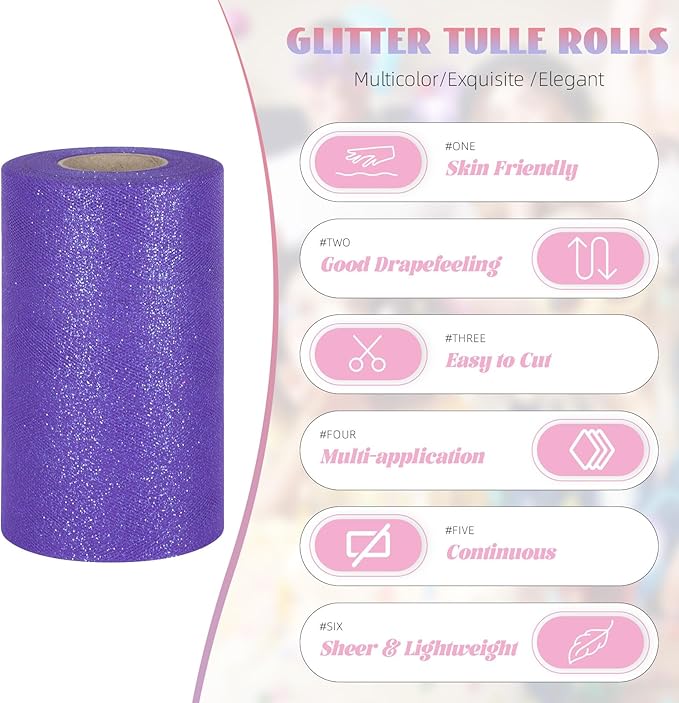Glitter Tulle Rolls 6” by 50 Yards Sparkle Tulle Fabric Ribbon Sequin Tulle Netting Rolls for DIY Tutu Skirt Wedding Birthday Party Decoration (Purple)