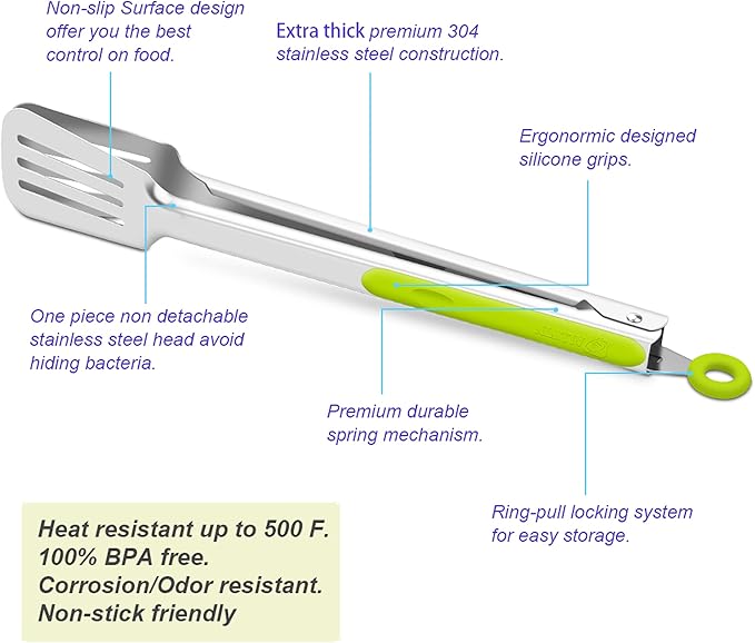Premium 304 Stainless Steel Barbecue Turners, Heavy Duty Non-Stick BBQ Cooking Kitchen Tongs, 9" and 12" Green