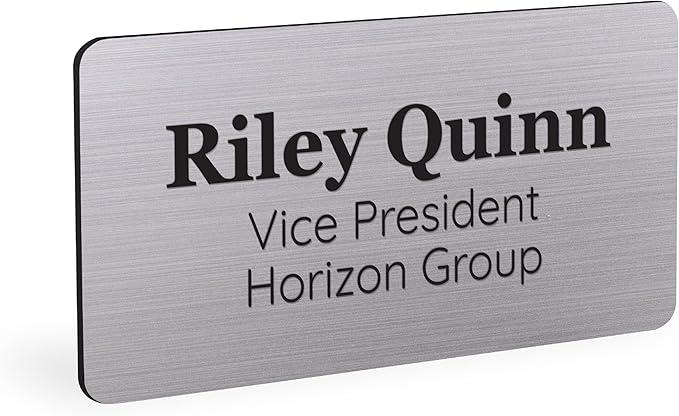 ExcelMark Custom Name Tag - Engraved Name Badge with Pin or Magnetic Backing, 16 Colors, 6 Fonts, and 2 Sizes to Choose from (Silver w/Black Letters, 1.5"x 3")