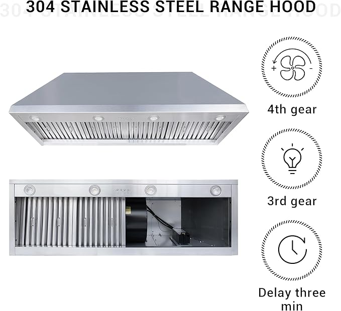 CHETTO C Stainless Steel Range Hood Cover with 4-Speed Vent Hood Insert Custom Handmade Metal Kitchen Fan with Towel Rack LED Light 54"W x27"D x36"H Black Island Mount