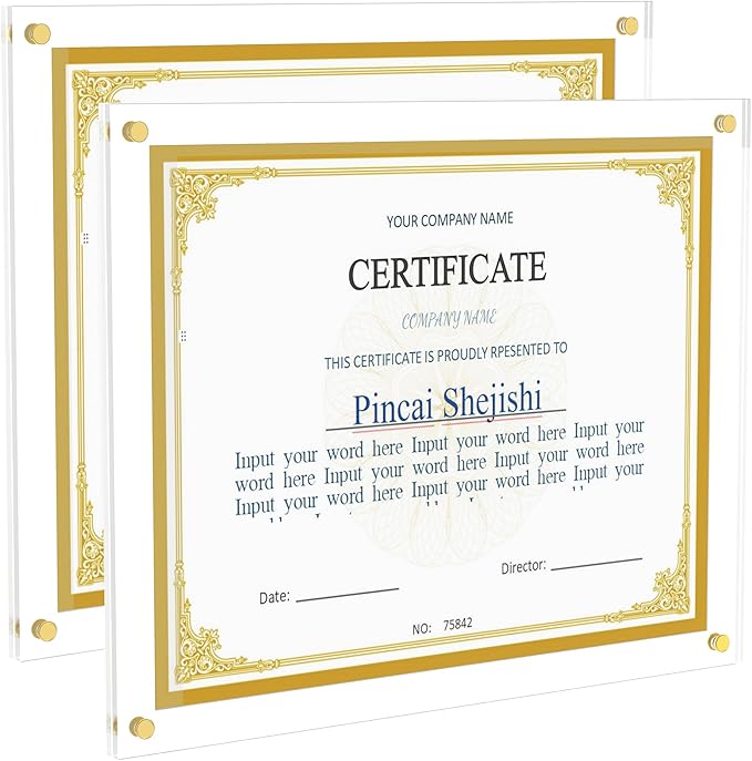 Acrylic Picture Frame for Wall, Clear Diploma Frame, No Drill Floating Frameless Photo Frame for Diploma Certificate Degree Document & Artworks Display, Graduation Gift for Students(2 Pack, 8.5X11 Straight edge)