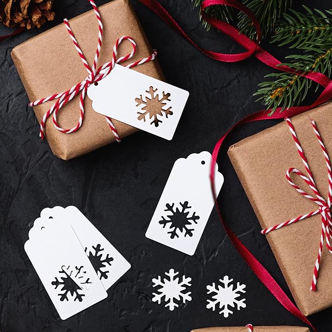 jijAcraft Christmas Gift Tags - 100Pcs Christmas Tags with String, Blank Xmas Name Labels, White Paper Hollow Trees, Rudolph, Snowflake Shapes Holiday Labels for Xmas Party Favors, DIY Crafts, Jar