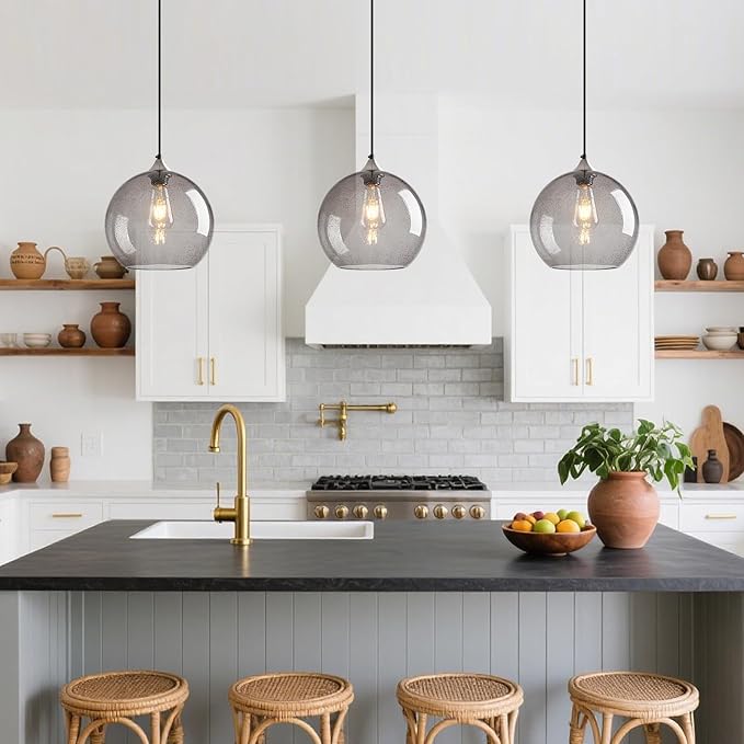 Light Grey Glass Pendant Lights Kitchen Island Globe Pendant Light Fixtures Modern Pendant Lighting for Bedroom Living Dining Room Light Fixture (9.84 in, 2 Pack)