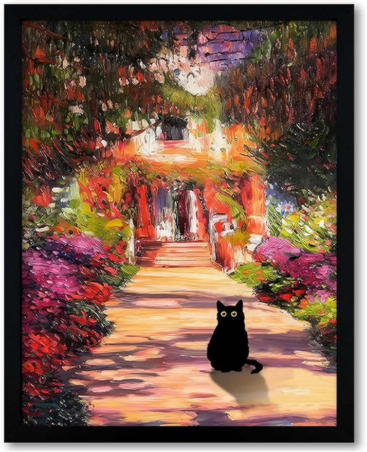 Krtoni Framed Vintage Monet Garden Cat Canvas Wall Art, Famous Oil Paintings Monet Flowers Black Cat Wall Decor, Cute Kitten Lovers Aesthetic Print For Farmhouse Gallery Bedroom Bathroom 10''L x 8''W