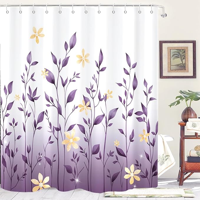 Eucalyptus Shower Curtain, Ombre Floral Leaves Plant Washable Fabric Bath Decor with 12 Hooks 72x72 inches, Lavender