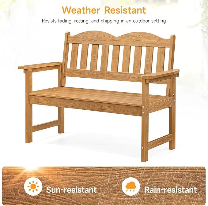 GarveeLife 2-Person Poly Lumber Garden Bench, Slatted Patio Loveseat, Weather-Resistant Outdoor Seating for Yard, Garden, Porch, Park or Backyard, Natural