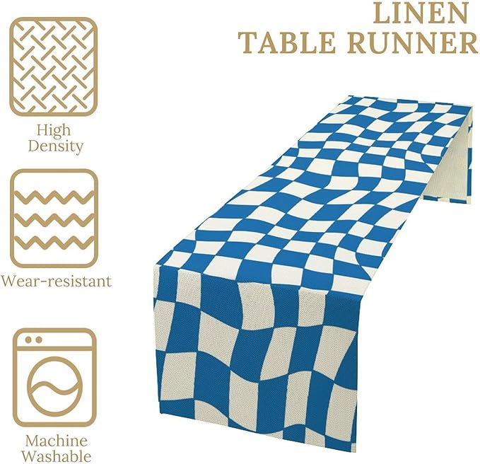 Table Flag Retro Plaid 60s70s Blue Plaid Table Flag Kitchen Restaurant Decoration Suitable for Indoor and Outdoor Festival Home Wedding Party Table Flag 13x60