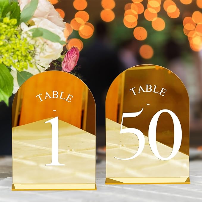 JOYIT Arch Wedding Table Numbers 1-50 with Stands – 5" X 7" Acrylic Mirrored Gold Table Number Holders, Perfect for Wedding Receptions, Parties, Anniversaries, and Events
