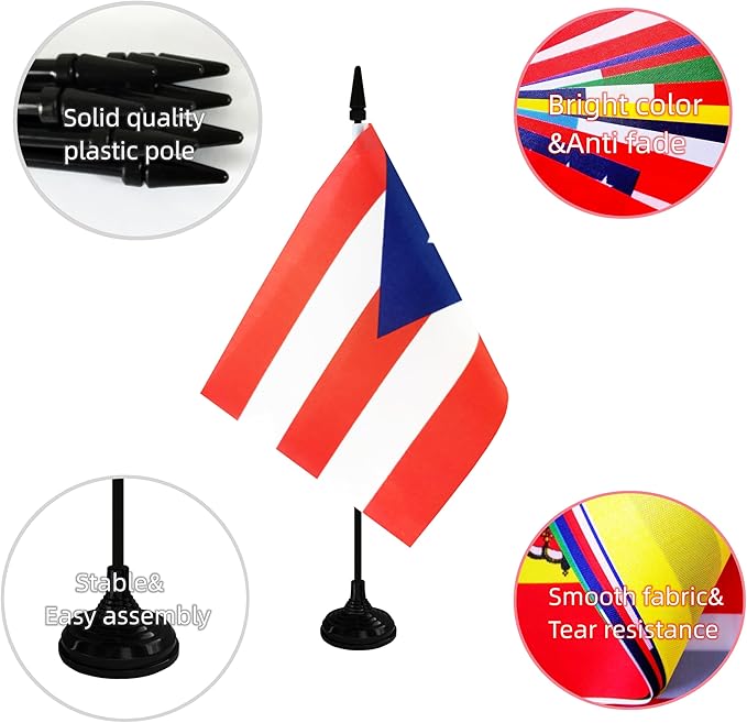 Puerto Rico Desk Flag, 12 Pack Puerto Rican Table Office Flag with Black Solid Pole and Stand Base, International Country Flag, Festival Celebration, Classroom Meeting Desktop Decor (Puerto Rico)