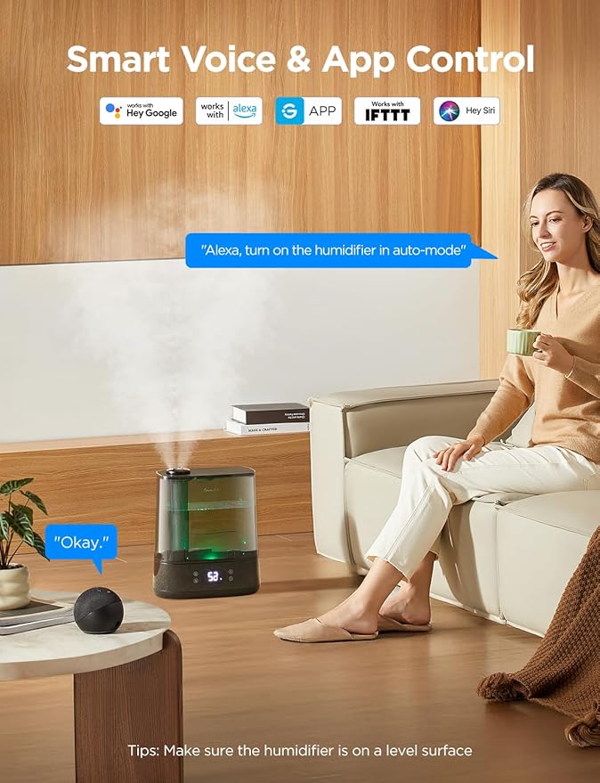 GoveeLife Smart Humidifiers for Bedroom, 6L Cool Mist Top Fill for Large Room, Humidity Sensor, Auto Mode, 60H Quiet Runtime, Schedule, WiFi Humidifier for Baby Plant, Compatible with Alexa, Black