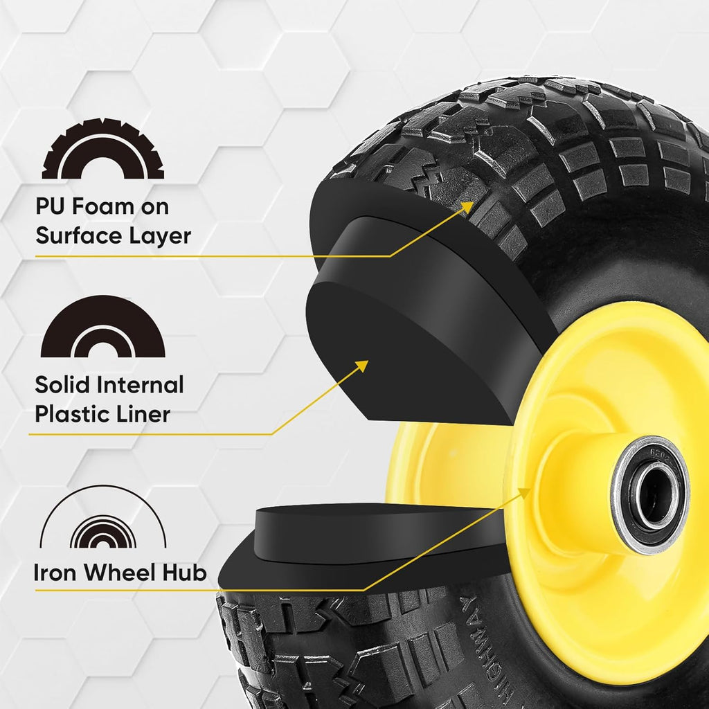 TICONN 10" Solid Tires, 2 Pack Flat Free 4.10/3.50-4'' Wheels with 5/8” Axle Bore Hole and Double Sealed Bearings (Yellow, 2PK)