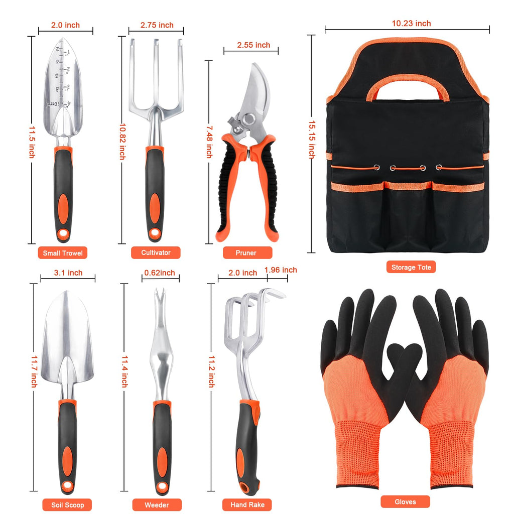 Garden Tools Set, 8 Piece Gardening Tools Set with Non Slip Ergonomic Handle, Heavy Duty Garden Tool Set with Storage Bag, Gardening Kit for Women, Garden Hand Tools Gift for Women and Men, Orange